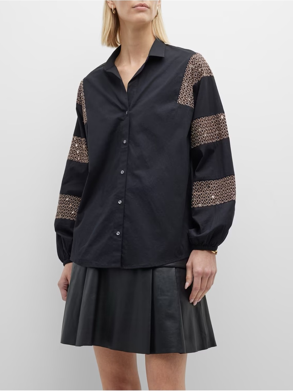 NIC+ZOE Black Button-Down Shirt with Tan Patterned Sleeve Panels